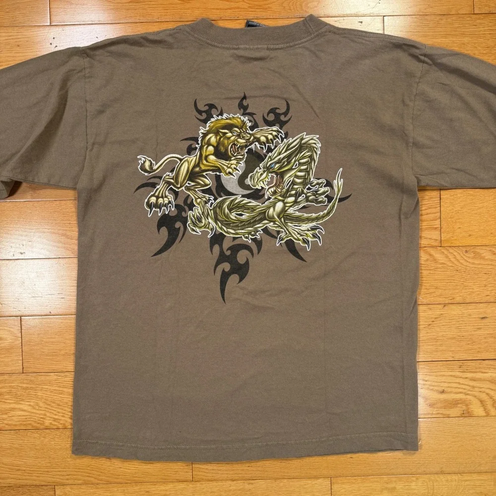 VTG Top Heavy XL Brown Dragon Lion Tribal Long Sleeve T-Shirt 2002 Y2K Grunge